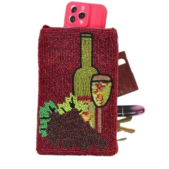 Bamboo Trading Company Red Wine Lovers Club Bag Beaded Phone Crossbody, Merlot - Picture 5 of 14